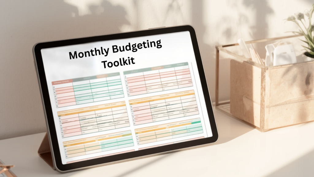 A digital tablet showing the monthly spreadsheets from the Empowered Budgeting Toolkit bundle next to a clean desk organizer.