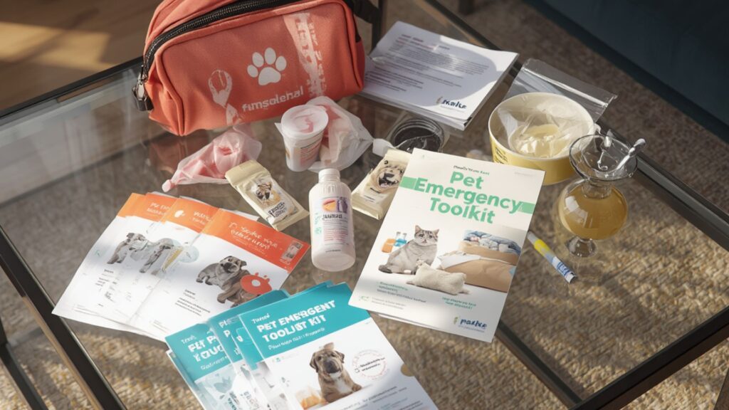 A complete pet emergency kit laid out on a table next to the printed guides from the Pet Emergency Toolkit.